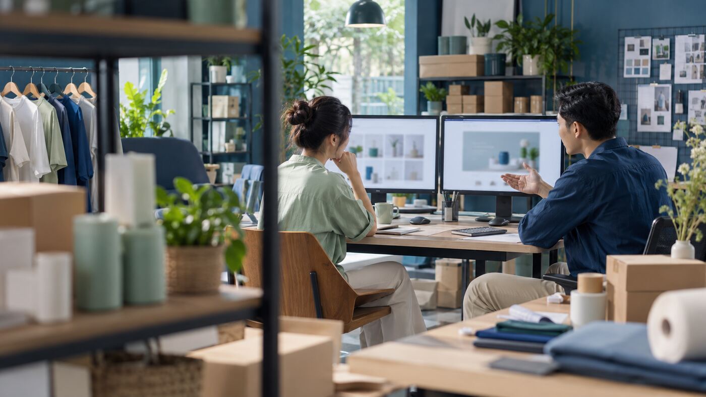 Góc làm việc minh họa chủ đề công ty thiết kế website thương mại điện tử